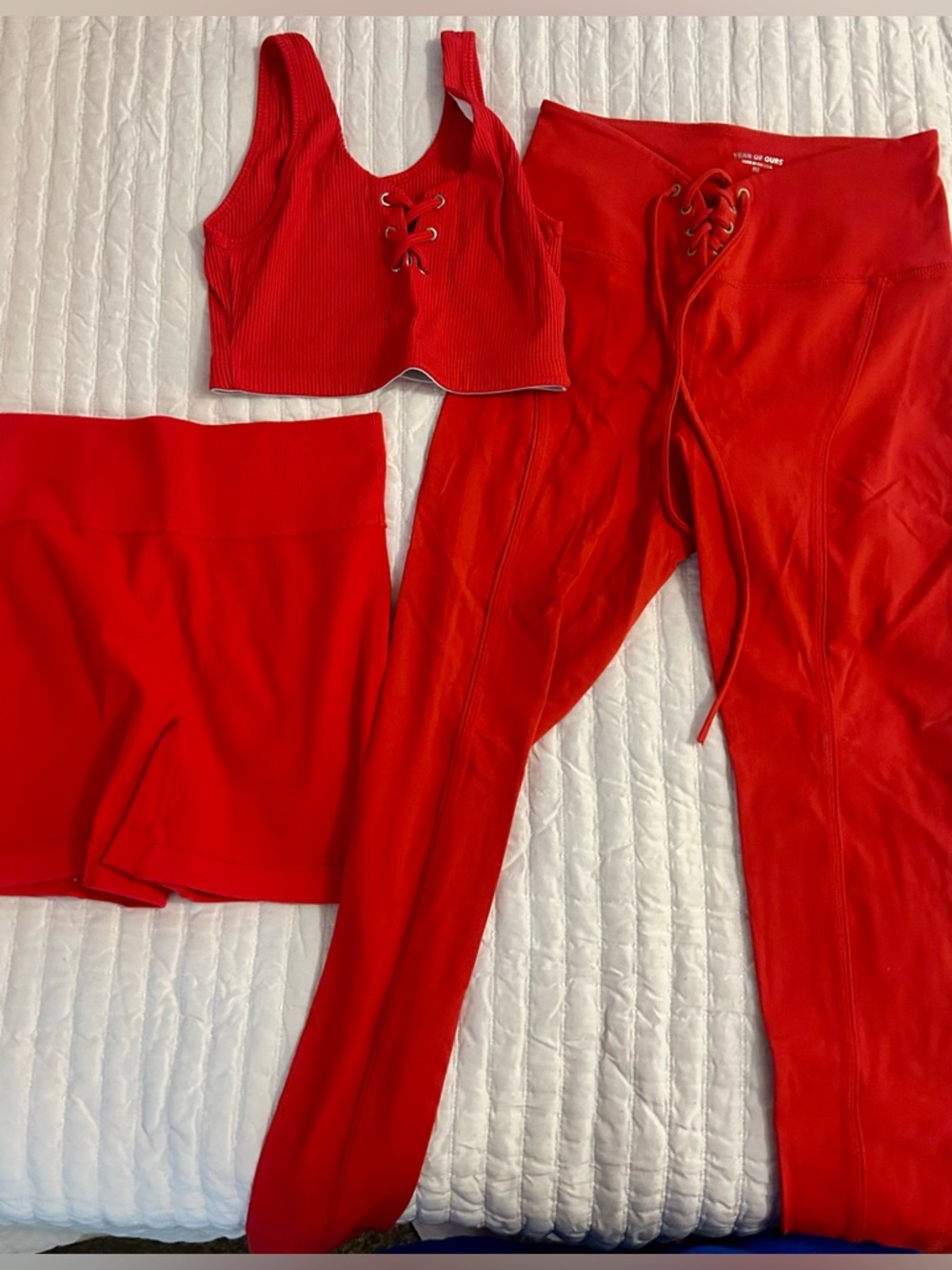 Year of Ours Red Lace-Up Crop Top & Matching Leggings Set + Add. Pair of Shorts